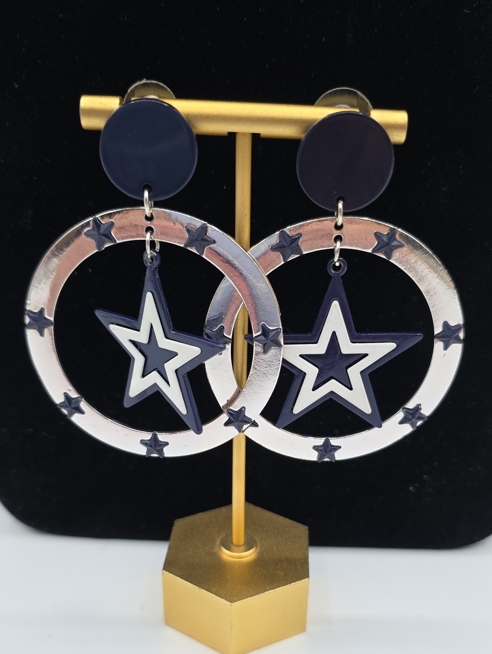 Dallas Cowboys Navy & Silver Star Hoop Drop Earrings